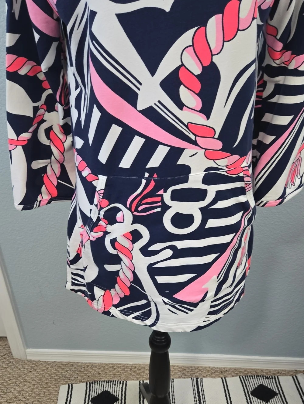 BARBARA GERWIT Cover Up Tunic Top Hoodie Anchor Rope Print Large Pink Blue Retro